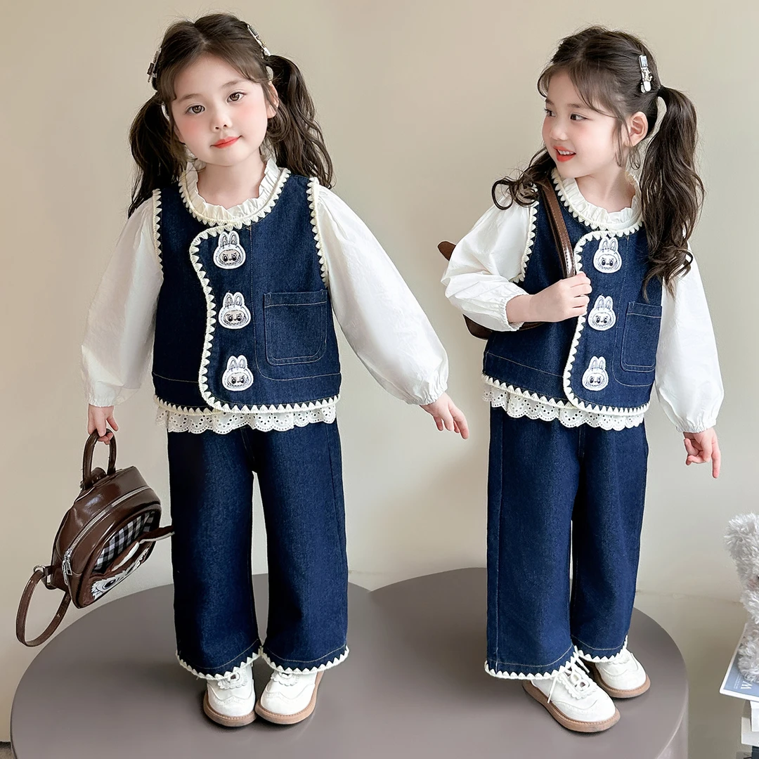 女童牛仔套装春秋季2025新款儿童拉布布韩版洋气小女孩秋装三件套