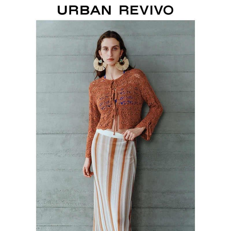 UR2026春季新款女装度假风镂空肌理系带针织开衫UWH950101