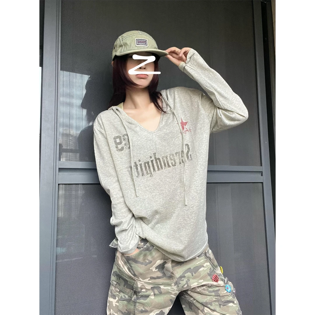 【全额运补】美式复古斑驳印花连帽上衣夏季薄款宽松长袖罩衫男女潮