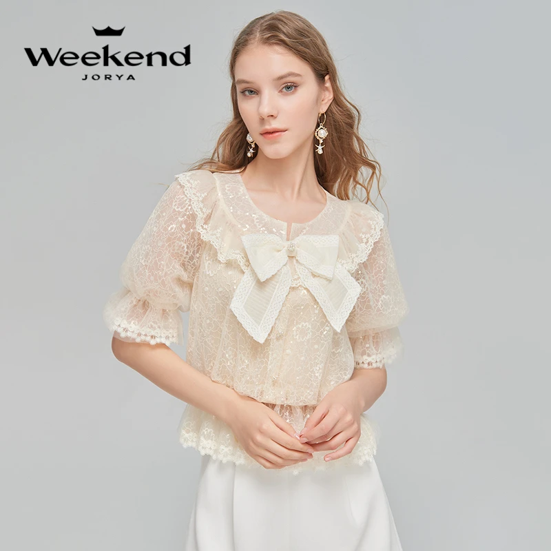 【媛媛女王专享】卓雅周末春季蝴蝶结收腰针织蕾丝衫EJWDAR15