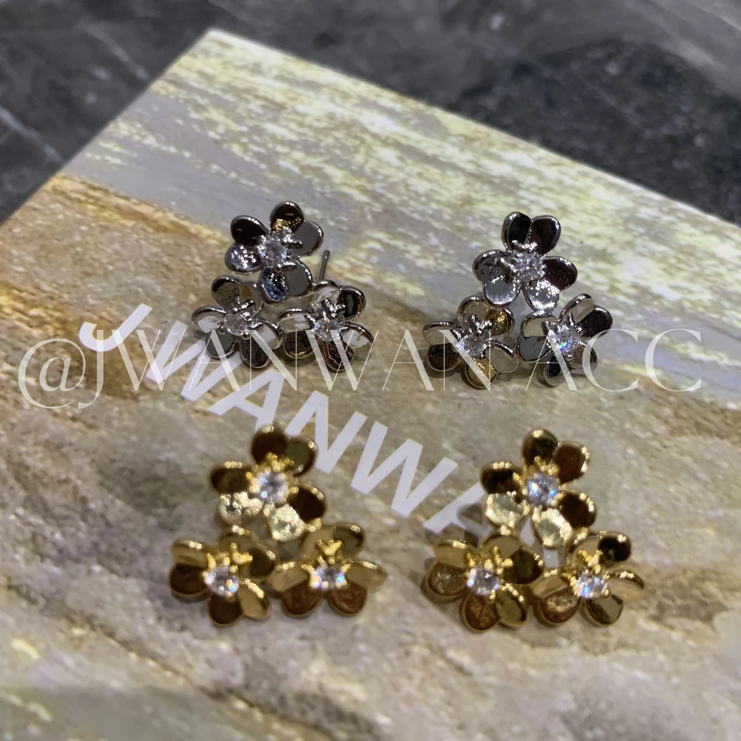 铜合金锆石耳饰 金银三叶花耳钉01ED153