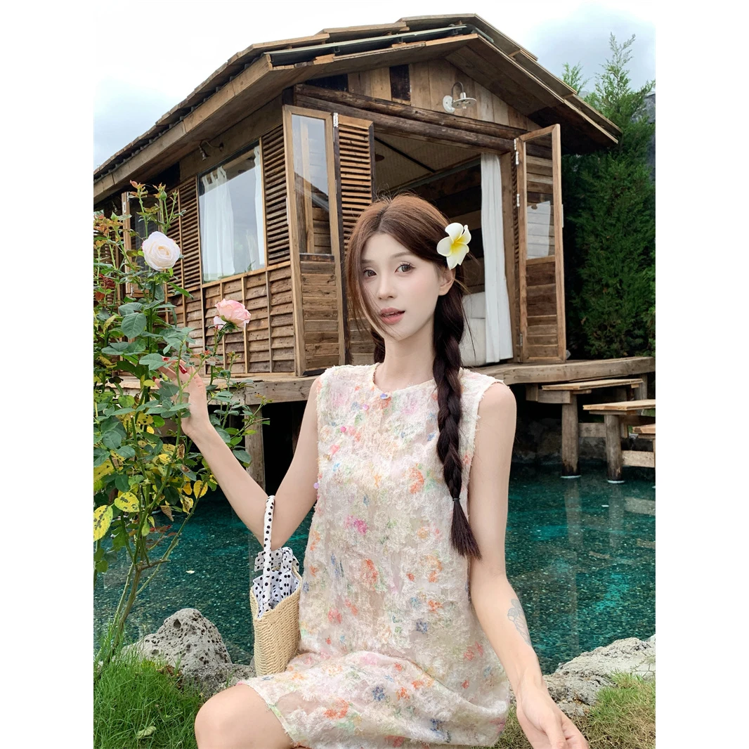 新中式国风提花背心连衣裙女装夏季无袖裙子甜美减龄显瘦a字短裙