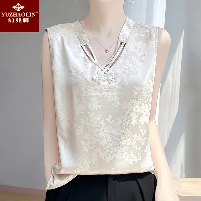 俞兆林中国结印花国风吊带背心女宽肩V领缎面内搭打底宽松夏薄款