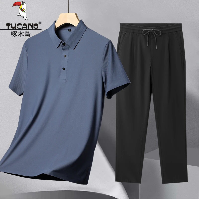 啄木鸟冰丝无痕休闲运动套装男士夏季短袖t恤两件套薄POLO衫男装