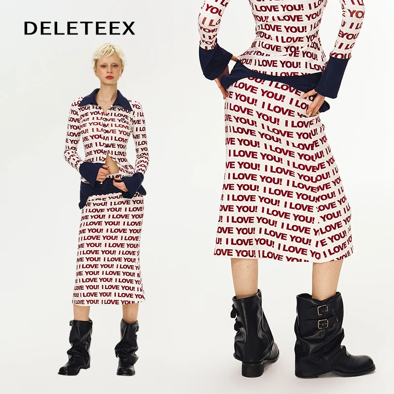 DeleteEX原创love order情人节系列印花半裙假两件针织弹力中裙