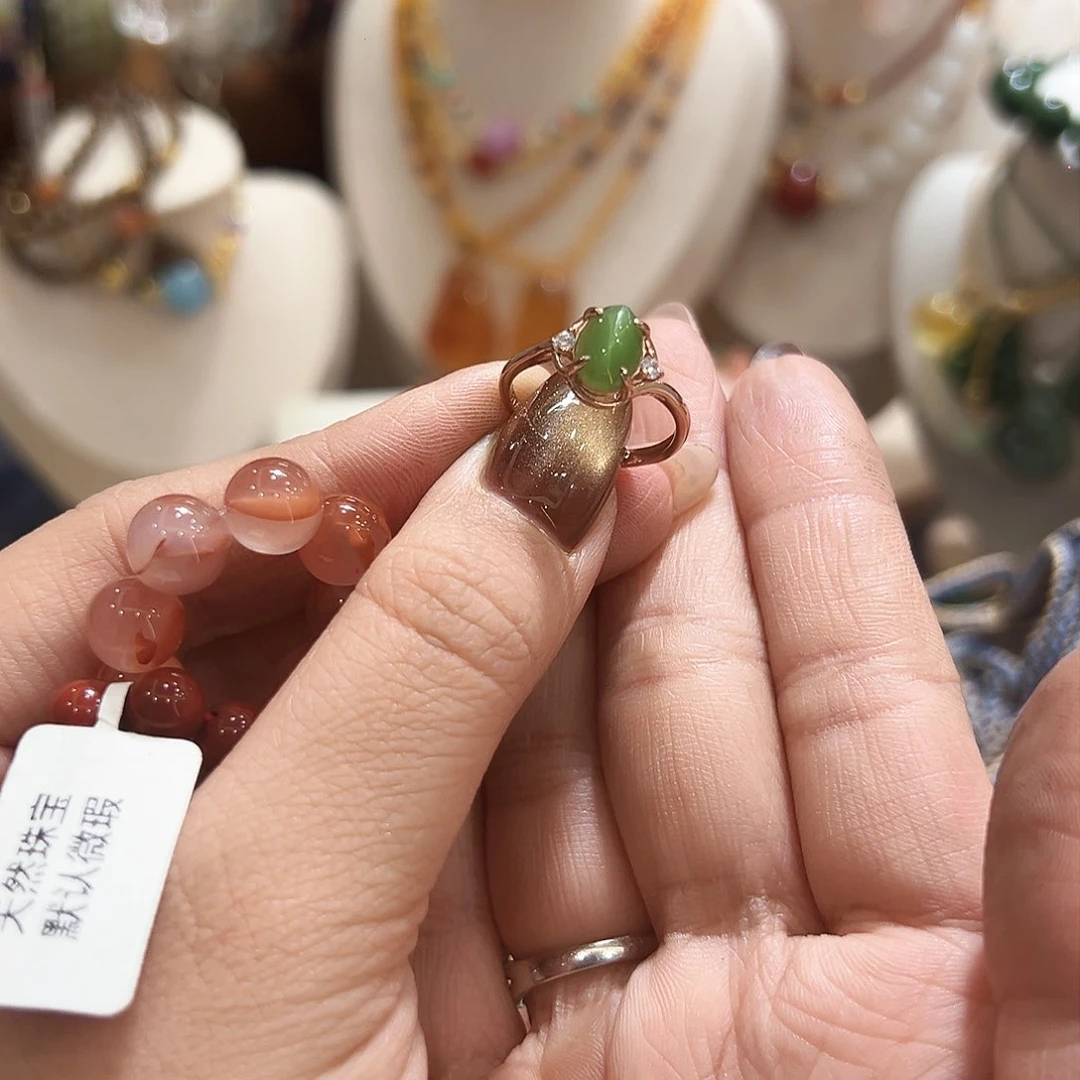 银S925镀金镶嵌戒指和田玉（碧玉）婧*