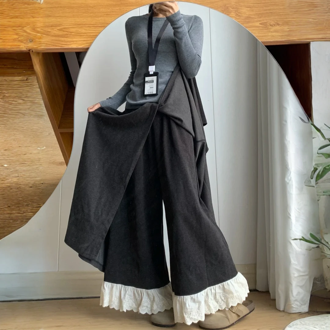 深灰色蕾丝花边拼接阔腿裤裙女秋季大码胖mm休闲a字裙半身长裙裤