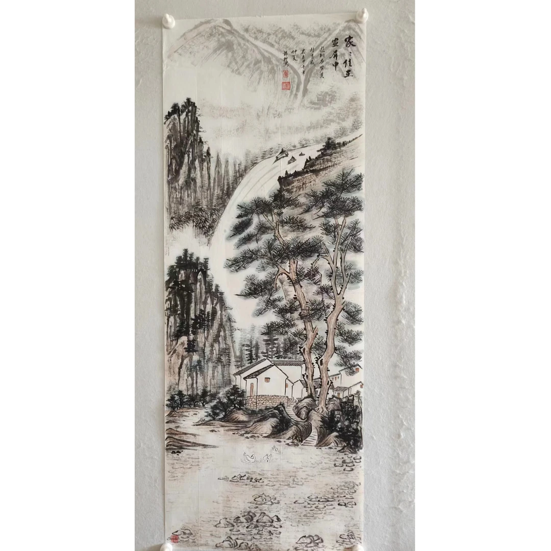 55 纯手绘老字画《家家住在画屏中》中堂 尺寸 137×50