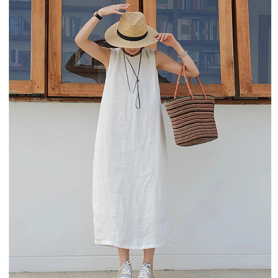 春夏秋新款高品质汉麻时尚连衣裙无袖茧型套头长款连衣裙5080