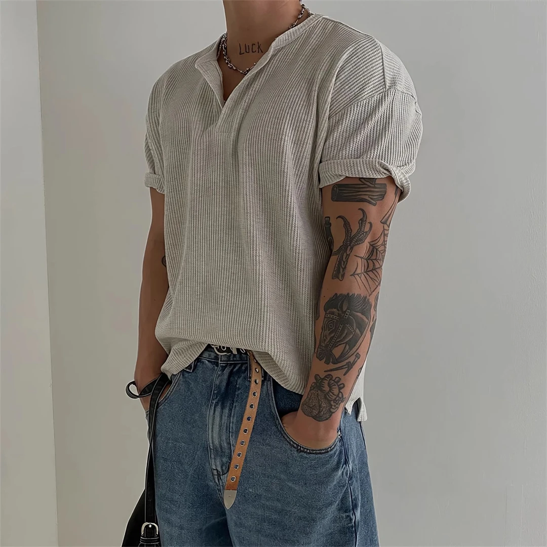 亨利领华夫格短袖T恤男夏季美式简约网红上衣轻薄透气高级感慵懒