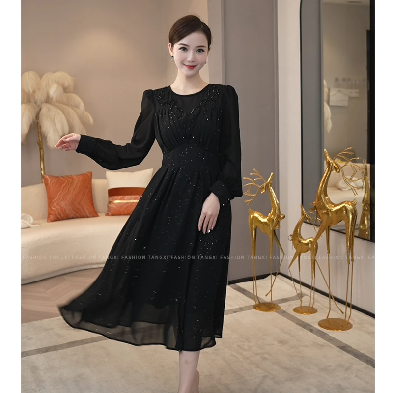 现货2025年新款【Q24-Q770】气质小众黑色亮片设计收腰礼服连衣裙子
