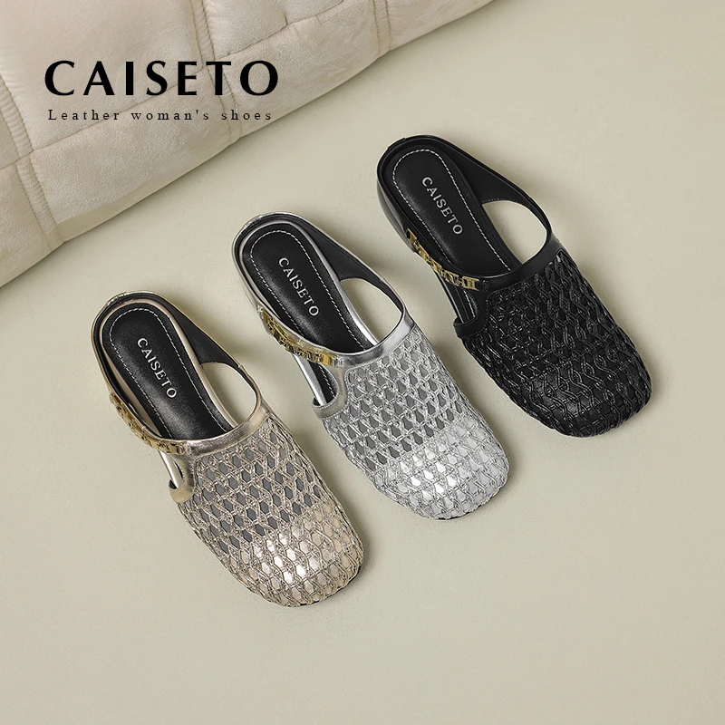 头层牛皮/3cm春夏款镂空编织网面时尚气质凉拖鞋CST-25XL064