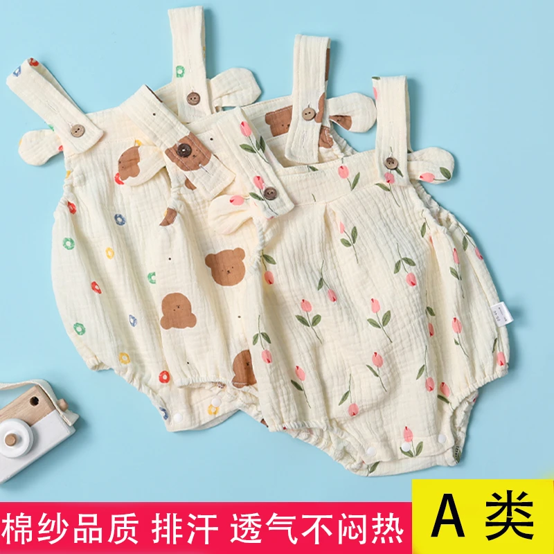 新款婴幼儿睡衣宝宝吊带包屁衣纯棉纱布卡通连体衣新生儿空调服薄