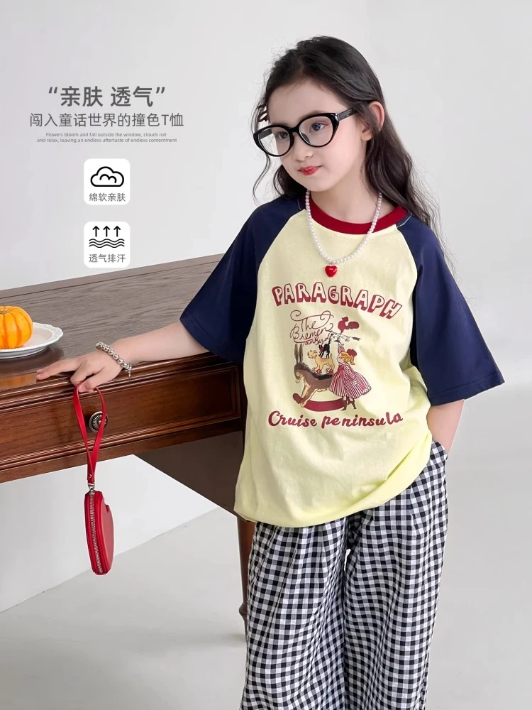 女童短袖T恤夏季2025新款儿童洋气印花插肩袖休闲上衣25050628