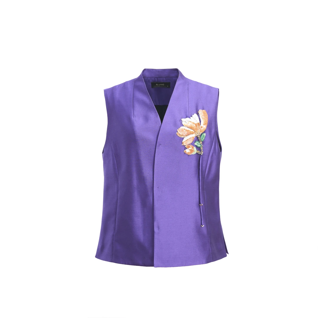 法绣钉珠帝王紫精纺无袖马甲