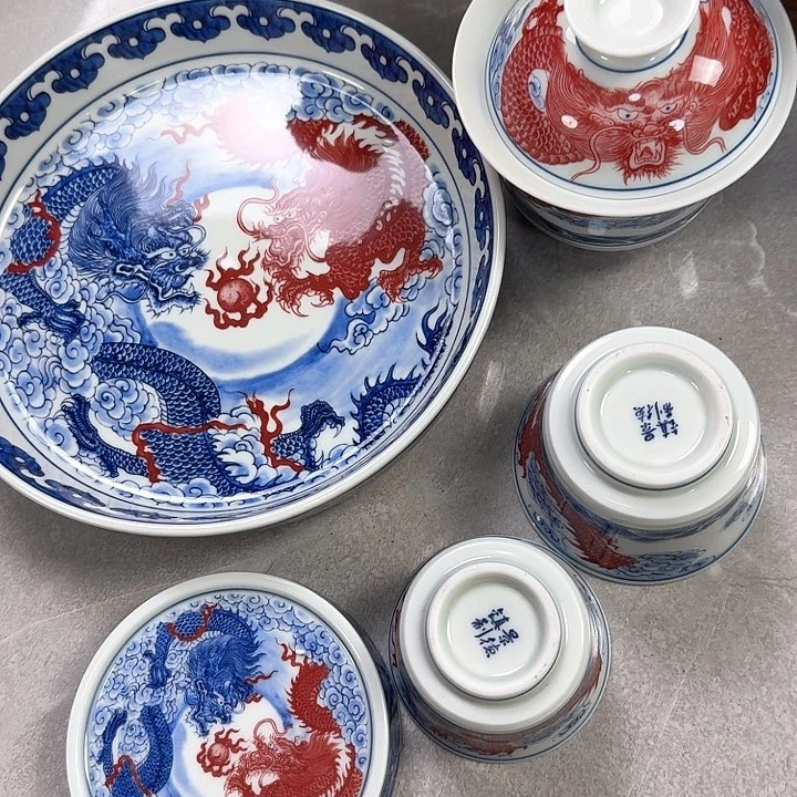 瓷片双龙戏珠5件套景德镇