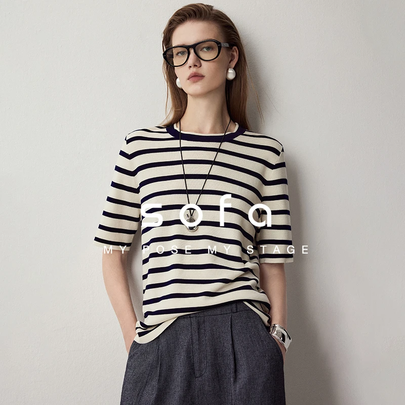 sofa桑蚕丝天丝航海系条纹衫时髦宽松经典撞色干爽圆领T恤女