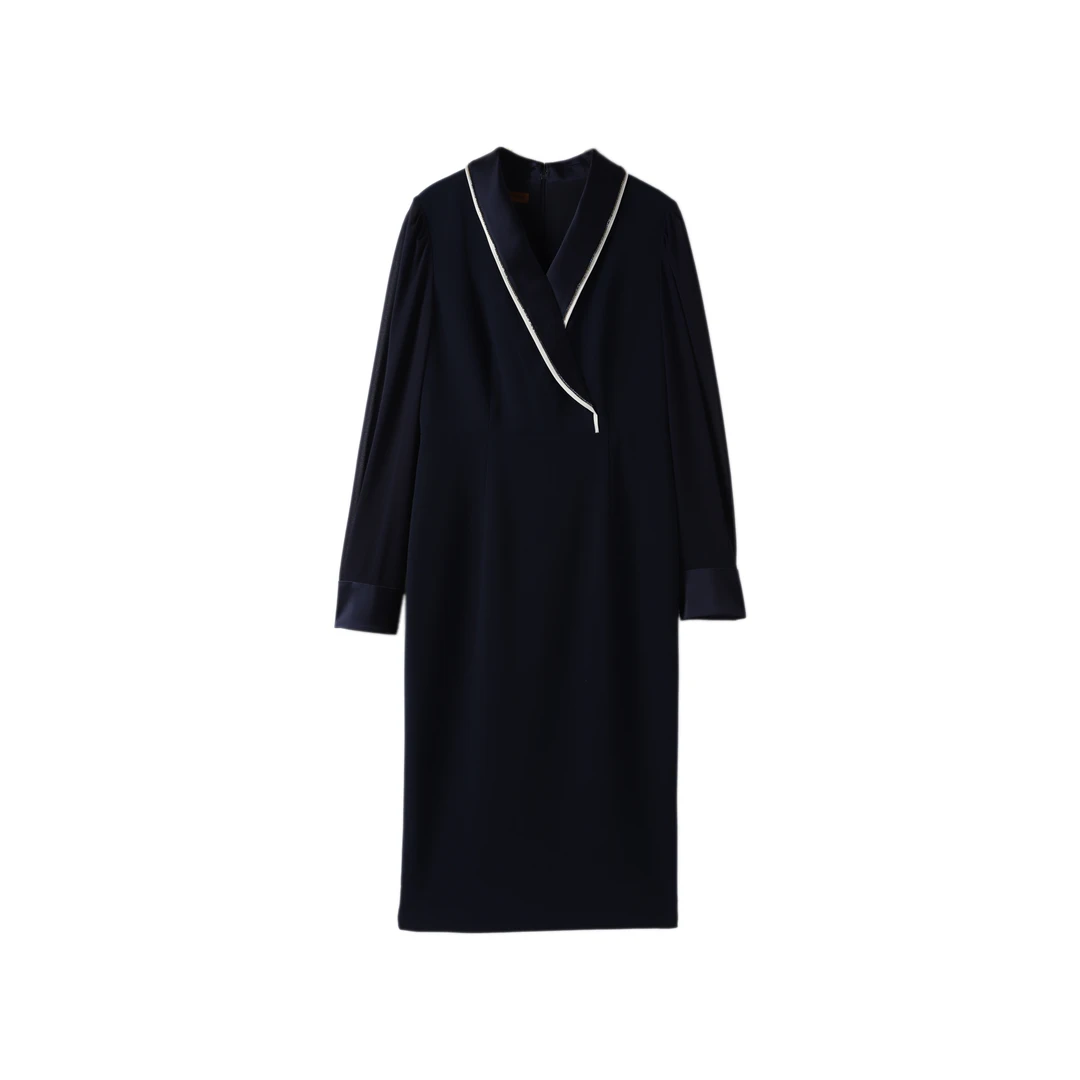 11050-凡诗琪FEARCHARIA-秋季女士翻领秋冬休闲宽松黑色连衣裙