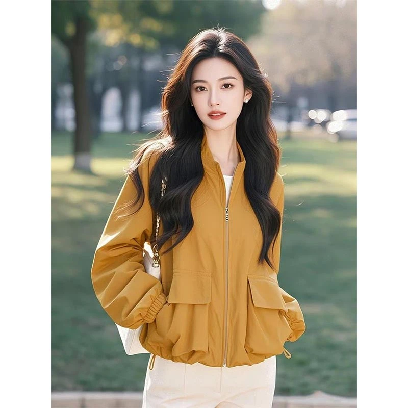 韩系爆款简约风设计感黄色短款夹克防晒外套女2025春秋高级感上衣