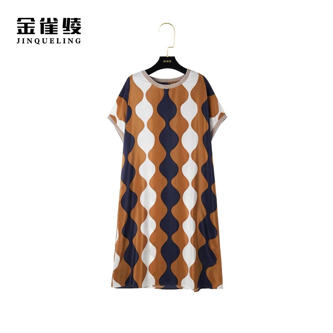 金雀绫【华夫格】100桑蚕丝夏季轻奢气质圆领宽松连衣裙AL6010