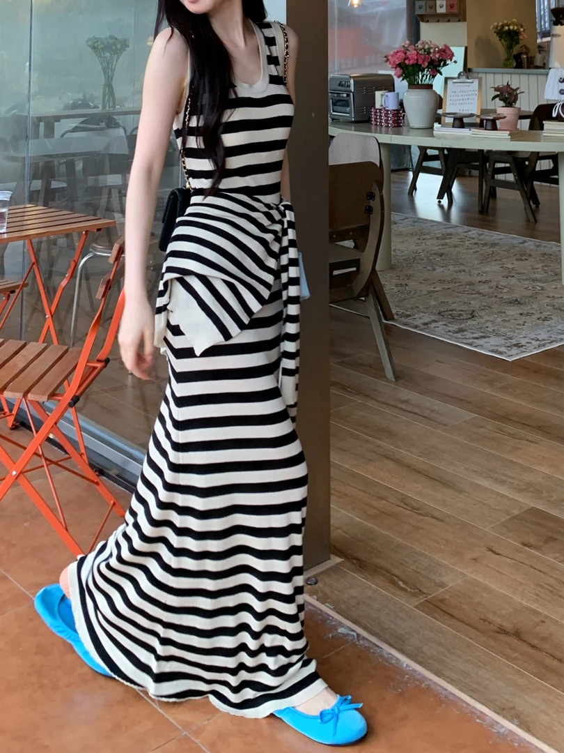 爱乐之城～韩系复古显瘦莱赛尔天丝长款连衣裙条纹披肩两件套套装