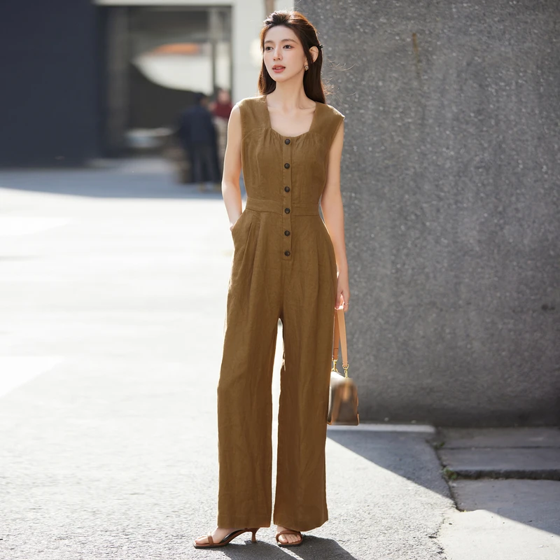 风笛2025显瘦通勤阔腿无袖高腰宽松连体裤女气质显高直筒裤时尚