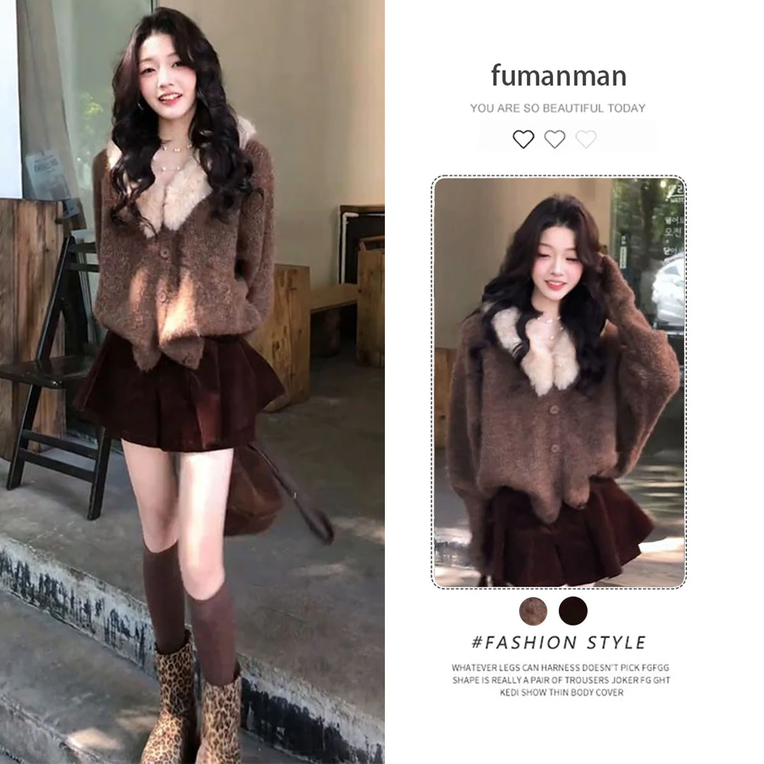 秋冬流行穿搭一整套女2025新款V领宽松针织开衫百搭短裙裤两件套