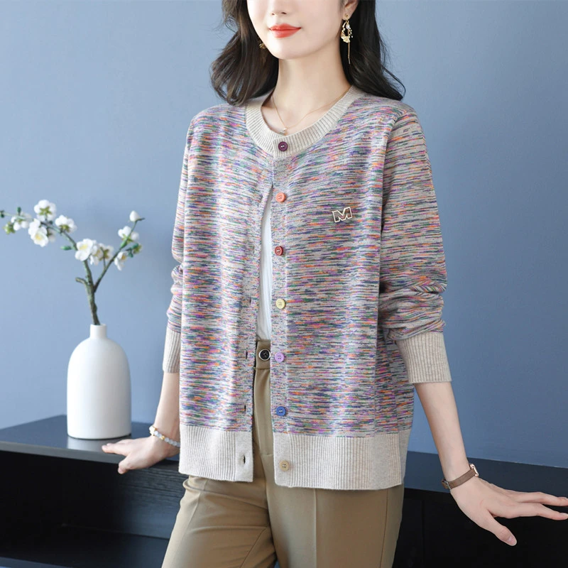 商场同款中年妈妈春秋薄款毛衣女宽松羊毛衫短外套外搭针织开衫