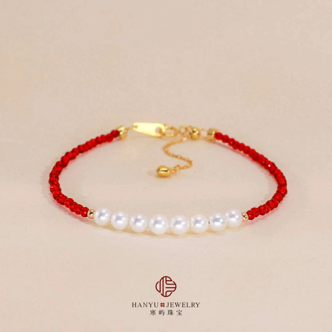 【寒屿珠宝】“八方来财”天然淡水珍珠红手链 4-5mm S925银