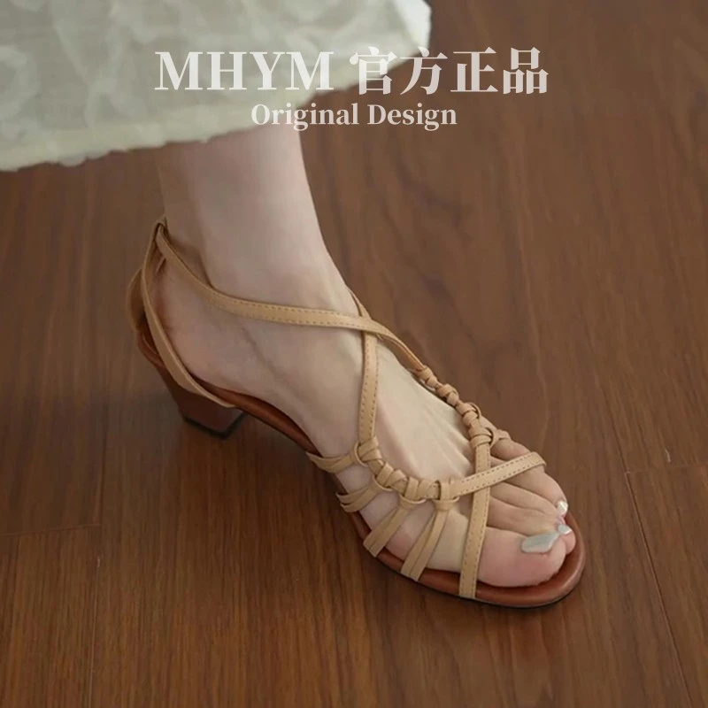 MH官方手工编织镂空度假风高跟罗马鞋女夏季露趾气质配裙子凉鞋