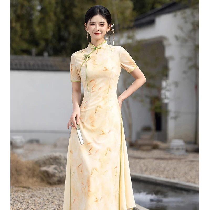 南缃/S-3XL春夏季新款改良黄色国风复古旗袍气质连衣裙修身年轻款
