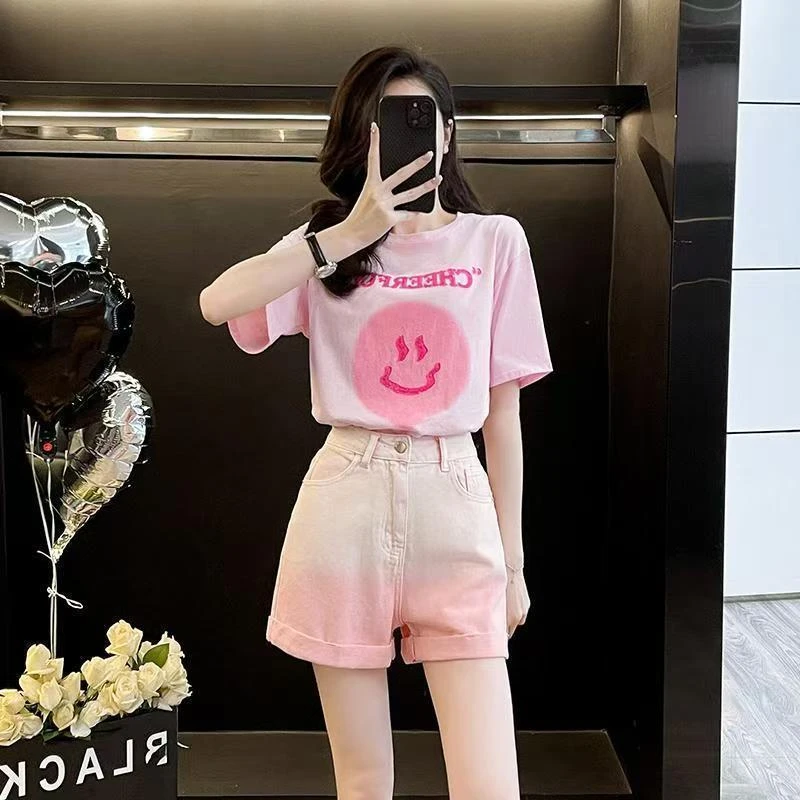 韩系时尚套装女夏季洋气减龄纯棉白色恤+高腰渐变牛仔短裤两件套