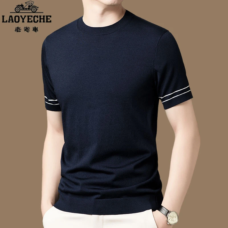 【正品老爷车】高档桑蚕丝短袖t恤男士夏季圆领冰丝针织衫半袖打底