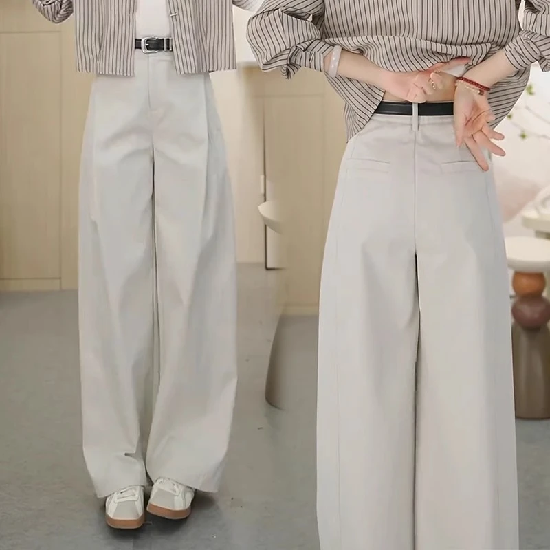 瓷青白天丝棉风琴裤女2025年夏季薄款新款高腰宽松休闲阔腿西装裤