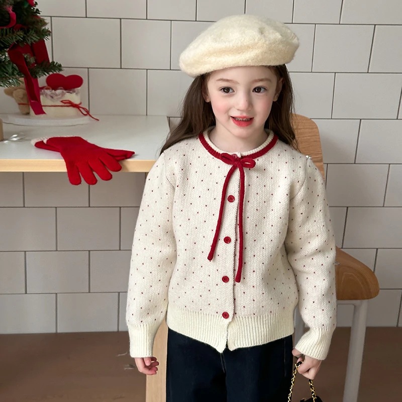 【秋冬保暖】女童撞色甜美波点蝴蝶结针织儿童保暖开衫外套24B071