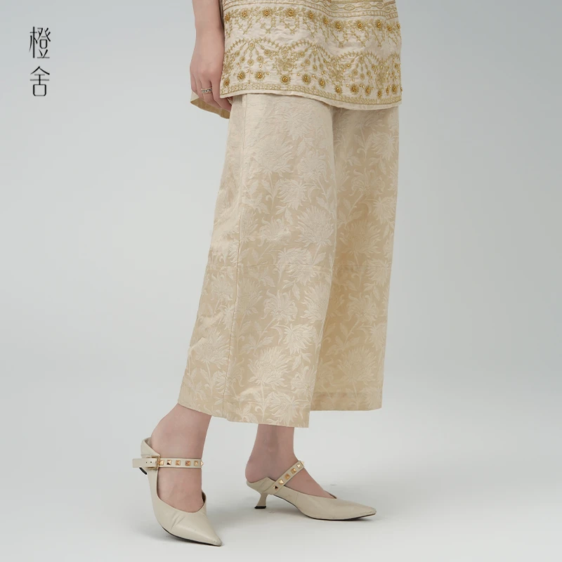 橙舍『卷珠帘』新中式国风裤女夏季显瘦桑蚕丝提花裤子S01-15878
