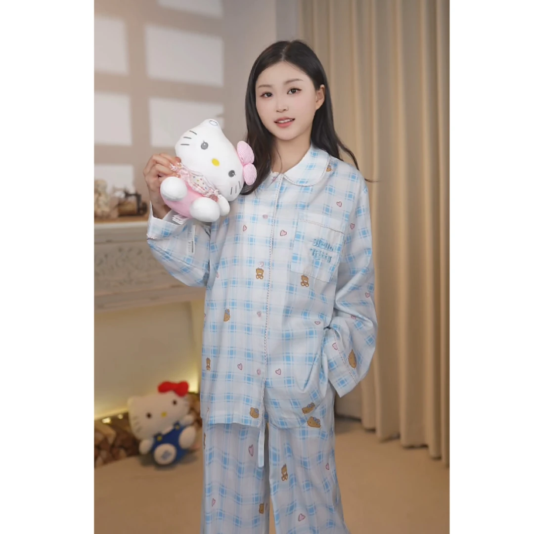 懒宅黑皮HelloKitty夏季薄款天丝棉格子套装可外穿家居服睡衣