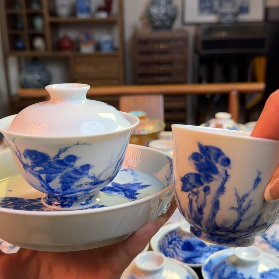 杯重工寒雀归巢三件套纯手绘