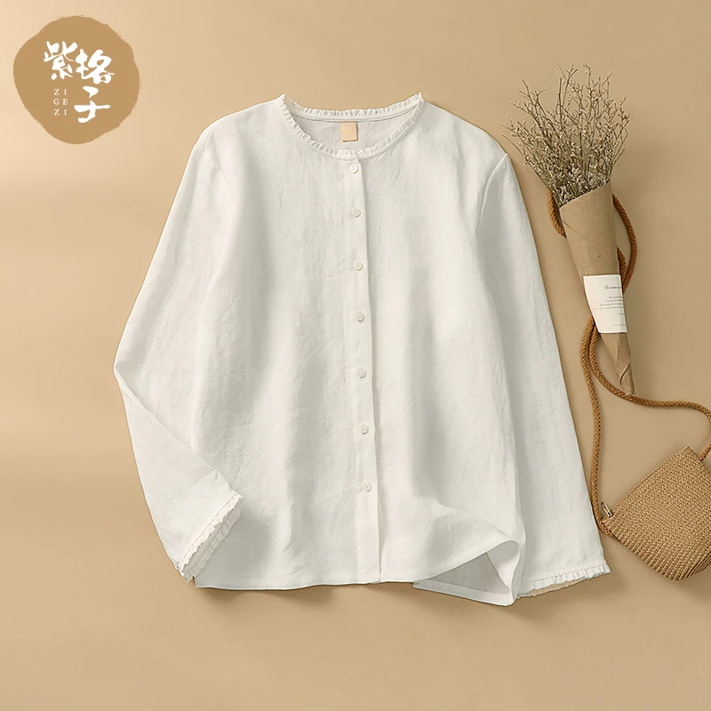 汉麻衬衫女夏季新款花边领长袖上衣文艺休闲衬衣小清新女士小衫