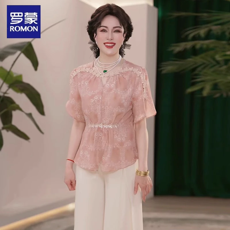 罗蒙妈妈装夏装薄款时尚两件套气质中老年女装中年衬衫上衣套装