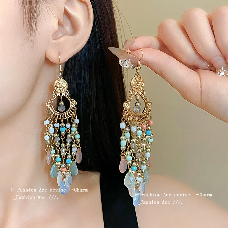 合金仿水晶耳饰 圆形水晶米珠流苏耳钩波西米亚复古民族风时尚