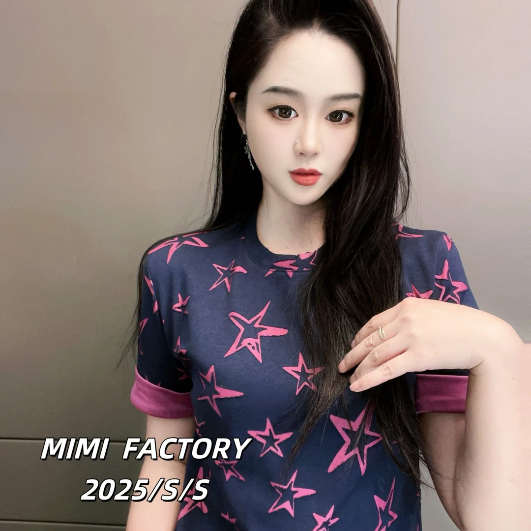 芈芈 2025新款短袖 简约五角星双色面料设计T恤女修身显瘦上衣