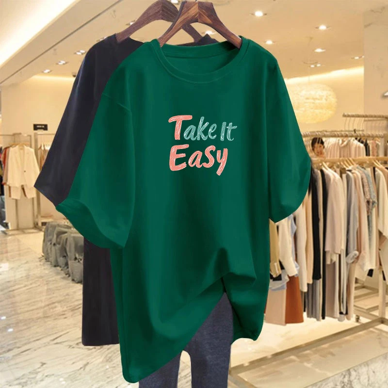 纯棉字母短袖t恤女2026夏季新款宽松中长款半袖洋气大码正肩上衣