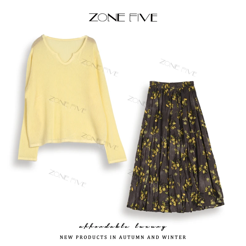 【ZONE FIVE】2025早秋 显瘦甜美针织长袖时尚百褶裙套装3251
