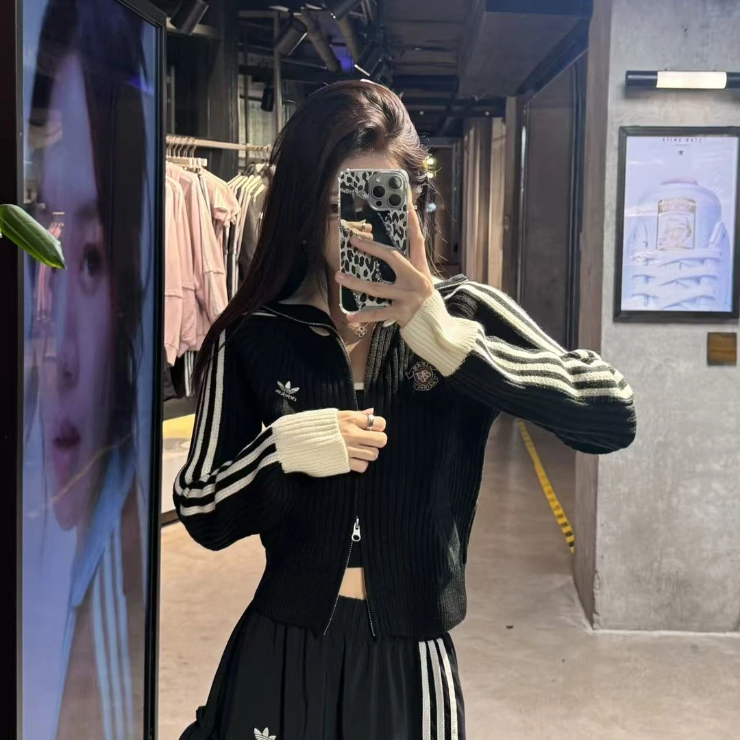 adidas三叶草TEAM FULLZIP全开襟运动修身针织衫 KF0718