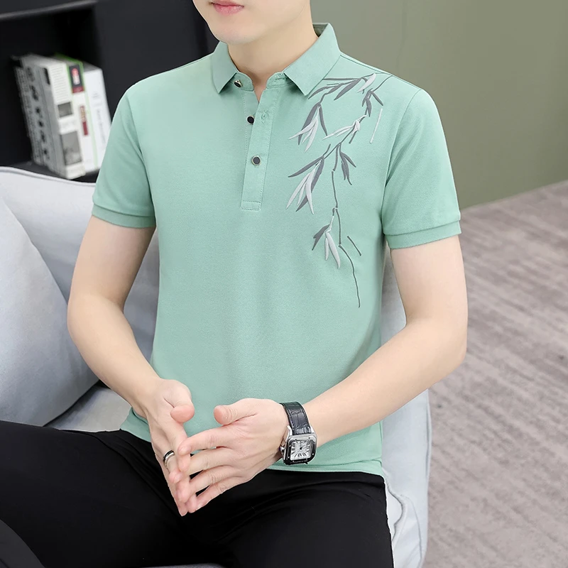 男士短袖T恤夏季新款高端冰丝半袖有领polo衫夏装印花休闲上衣薄