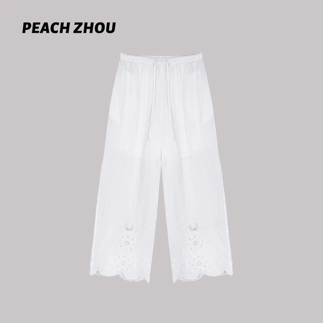 『PEACHZHOU』亚麻绣花镂空波浪裤脚宽松直筒休闲裤法式松弛阔腿裤