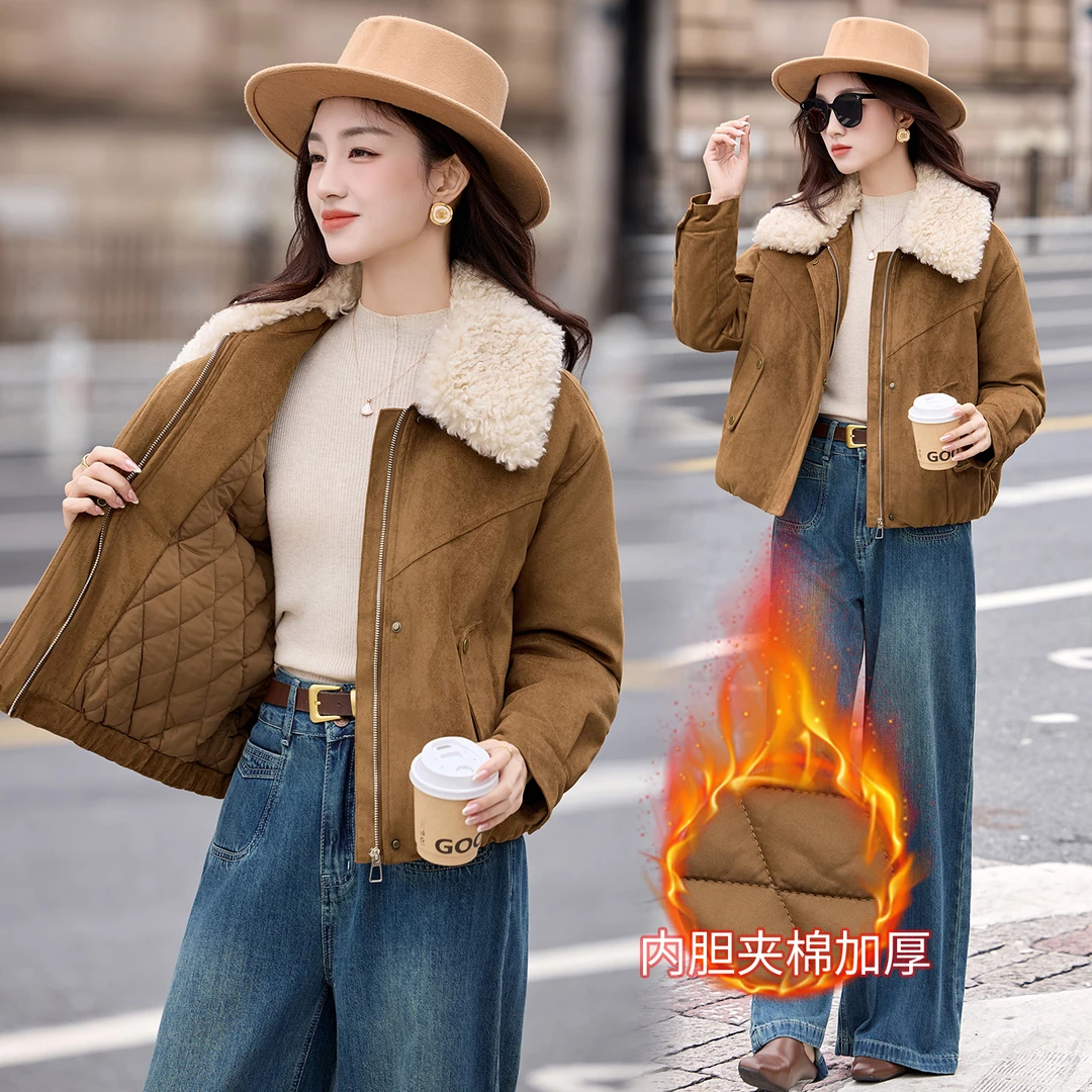 短款厚款女翻领纯色拼接棉衣2025秋冬新款休闲时尚保暖夹棉麂皮绒