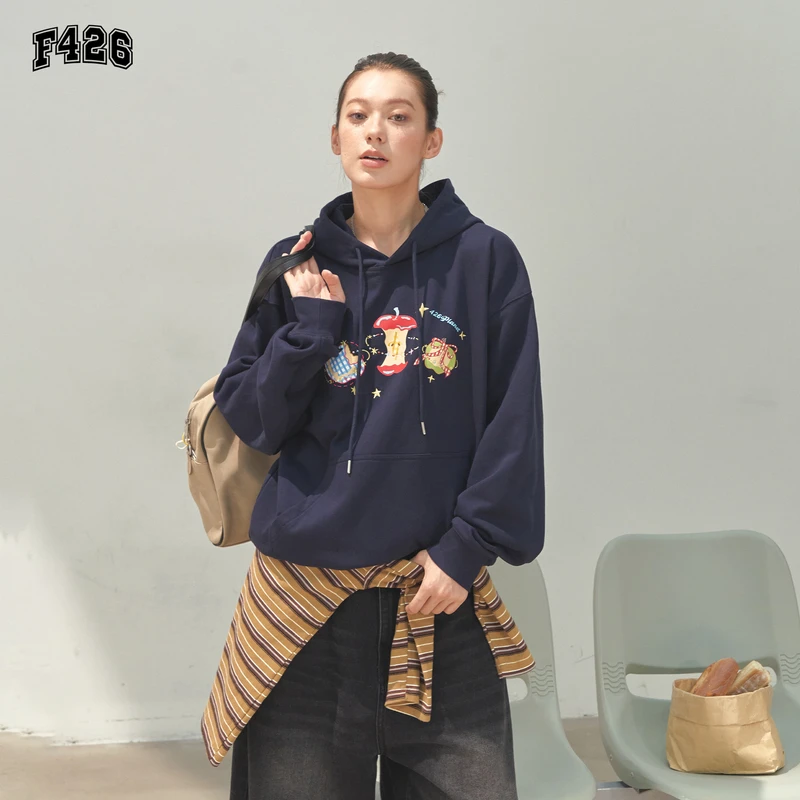 F426国潮百搭星环绣花苹果卫衣秋季新款情侣连帽宽松男装潮牌7486