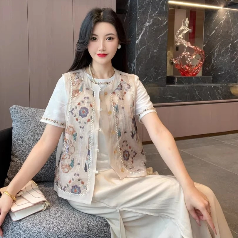 2025新款夏季新中式国风马甲女圆领刺绣气质百搭薄款上衣马夹外套